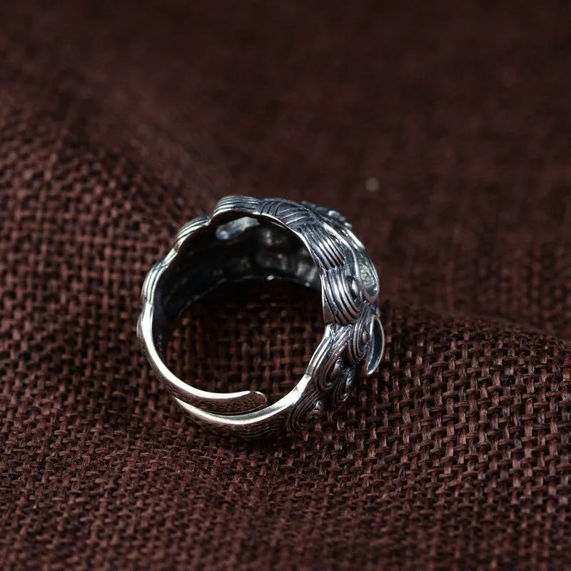 Solid silver open ring with Jibeast pattern animal zodiac design and adjustable band