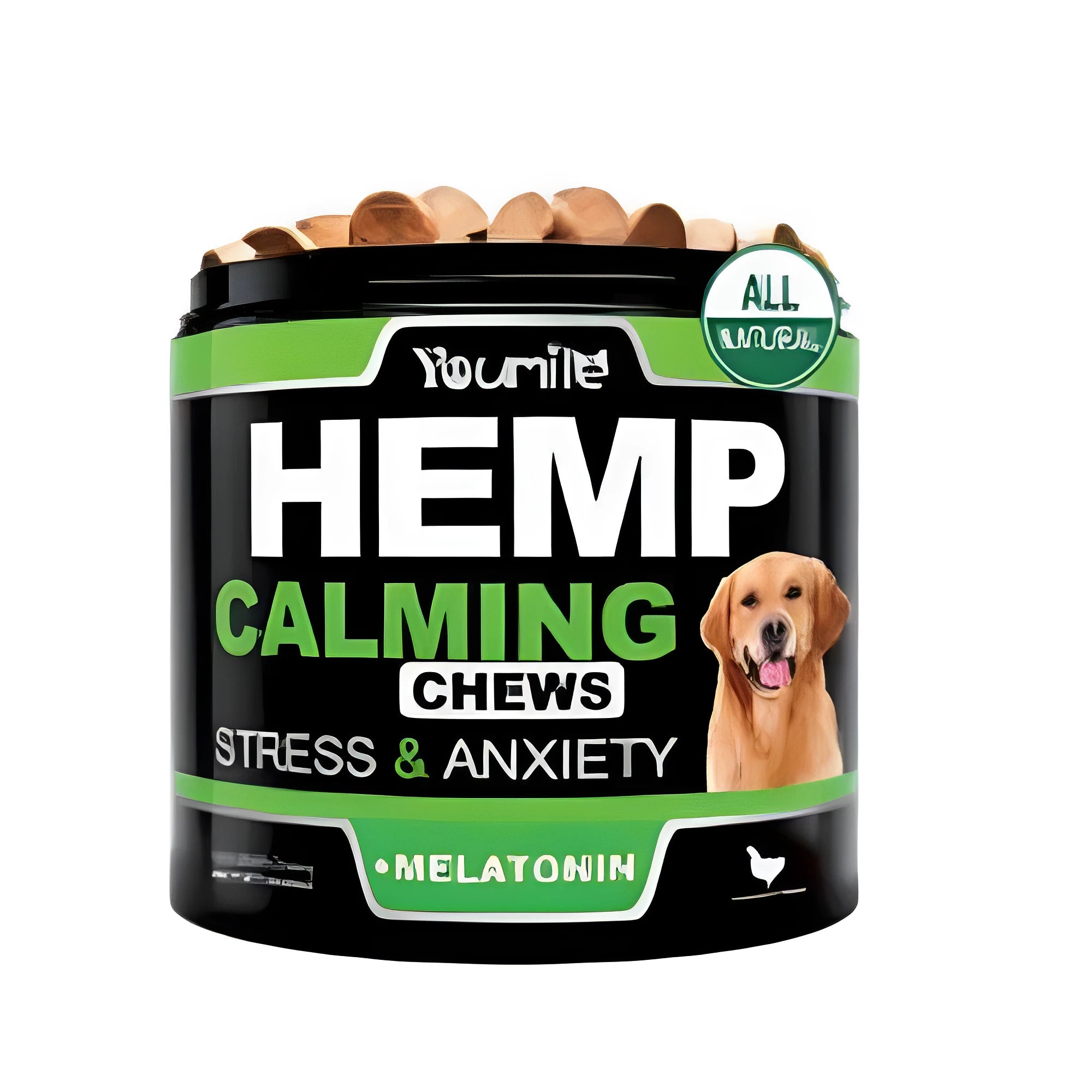 Calm Down And Chew natural health supplement bottle with 120 chewable capsules for calming support