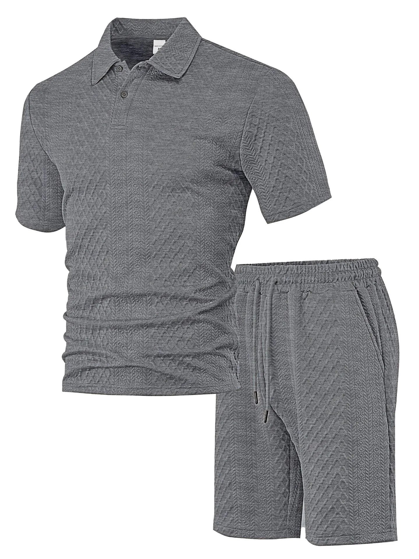 Men's figured cloth short sleeve suit with polo shirt and matching trousers in sports leisure style