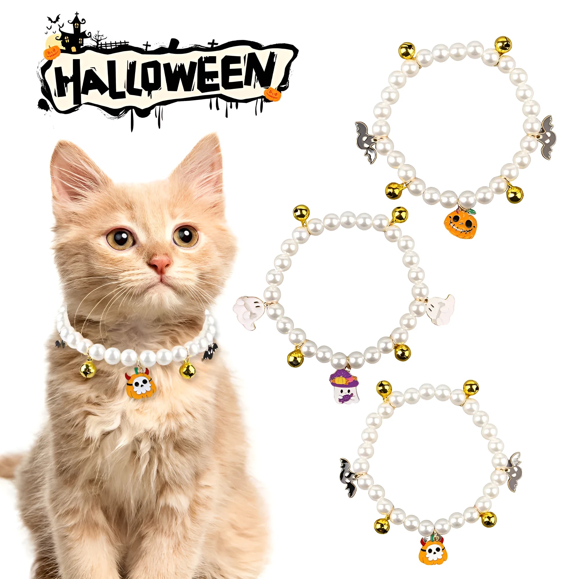 Purple simulated pearl Halloween cat collar decoration with a choice of ghost or pumpkin pendants.