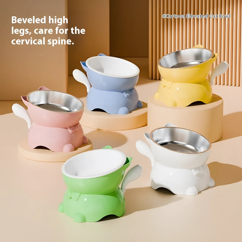 Stainless steel oblique anti-fall cat bowl in black, blue, pink, and yellow colour options.