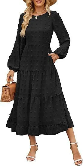 Women's long sleeve autumn dress with high waist and ruffle sleeves in solid colour