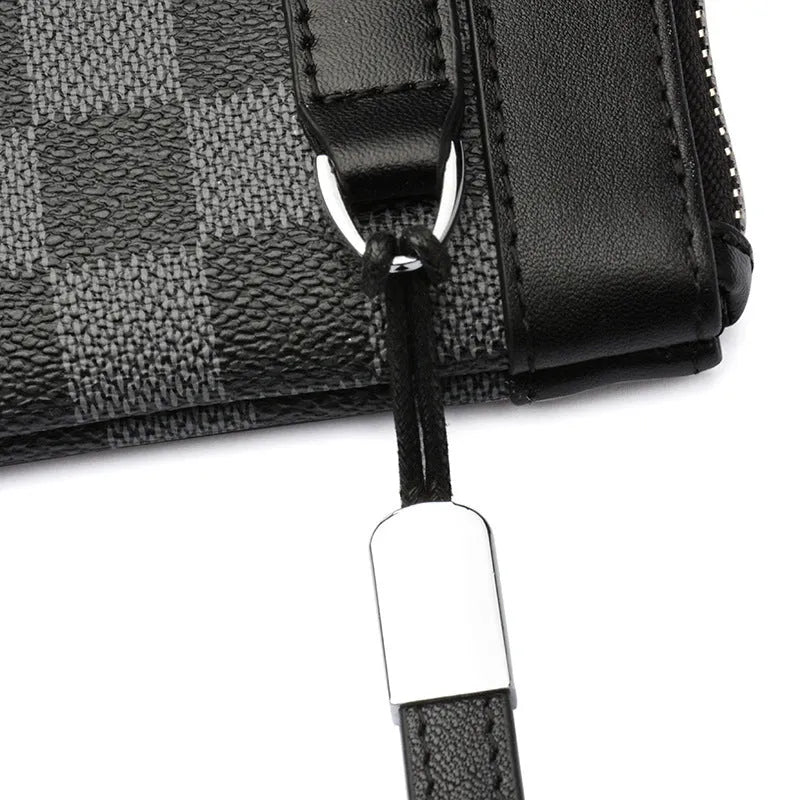 Black men's leather clutch wallet with plaid pattern showing 20cm by 10cm dimensions