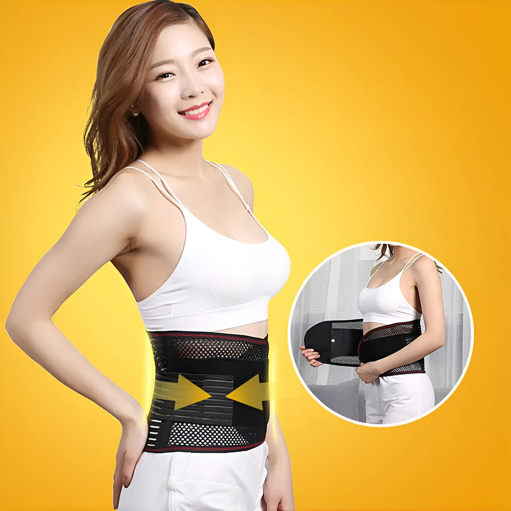 Black breathable sports waist support with steel plate for lumbar decompression, shown in adult size.