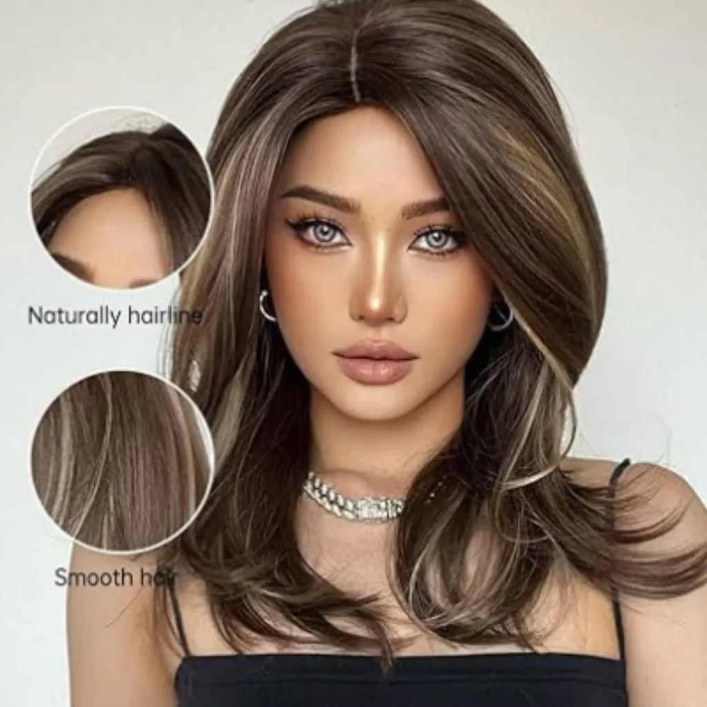 Mid-length curly synthetic wig in a gradient colour with long bangs and full-head coverage