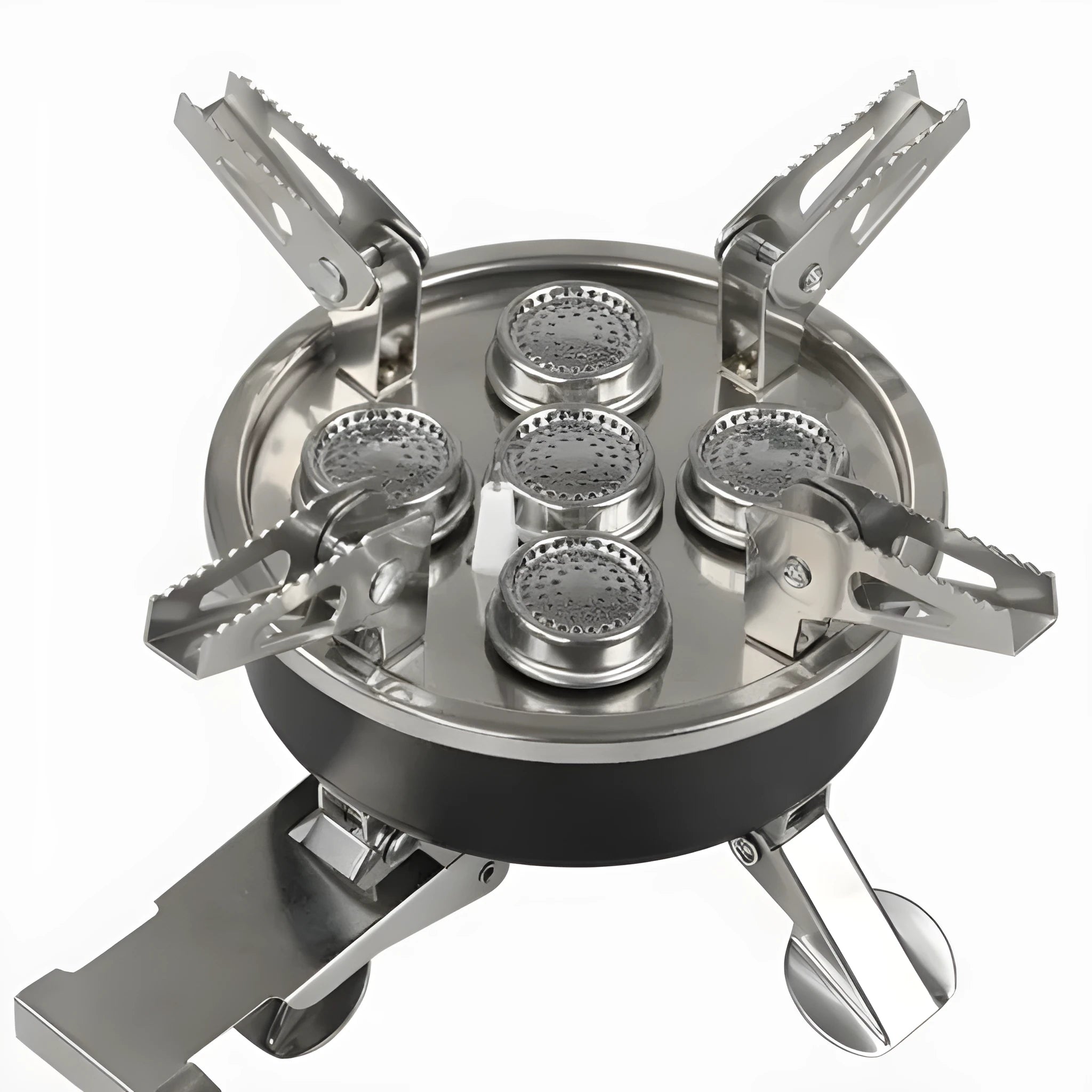 Silver foldable stainless steel split camping stove with copper fittings and a long hose.