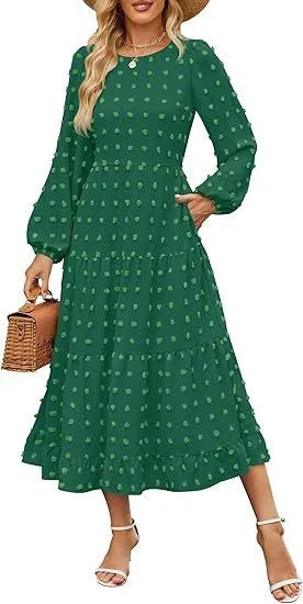 Women's long sleeve autumn dress with high waist and ruffle sleeves in solid colour
