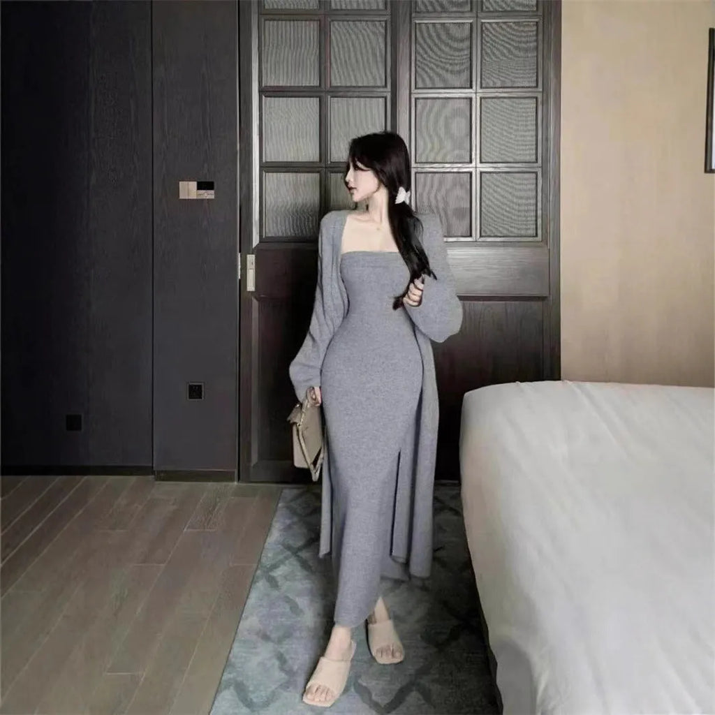 Women's grey knitted cardigan dress suit with matching coat, showing flocked pattern detail.
