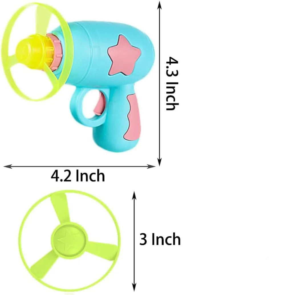 Blue plastic cat toy gun with spinning Frisbee launcher for indoor feline entertainment