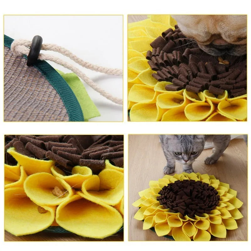 Yellow sunflower-shaped dog snuffle mat with fleece folds for hiding treats.