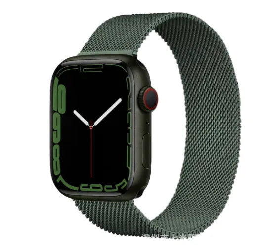 Stainless steel watch replacement strap in silver on a grey background showing adjustable links and buckle.