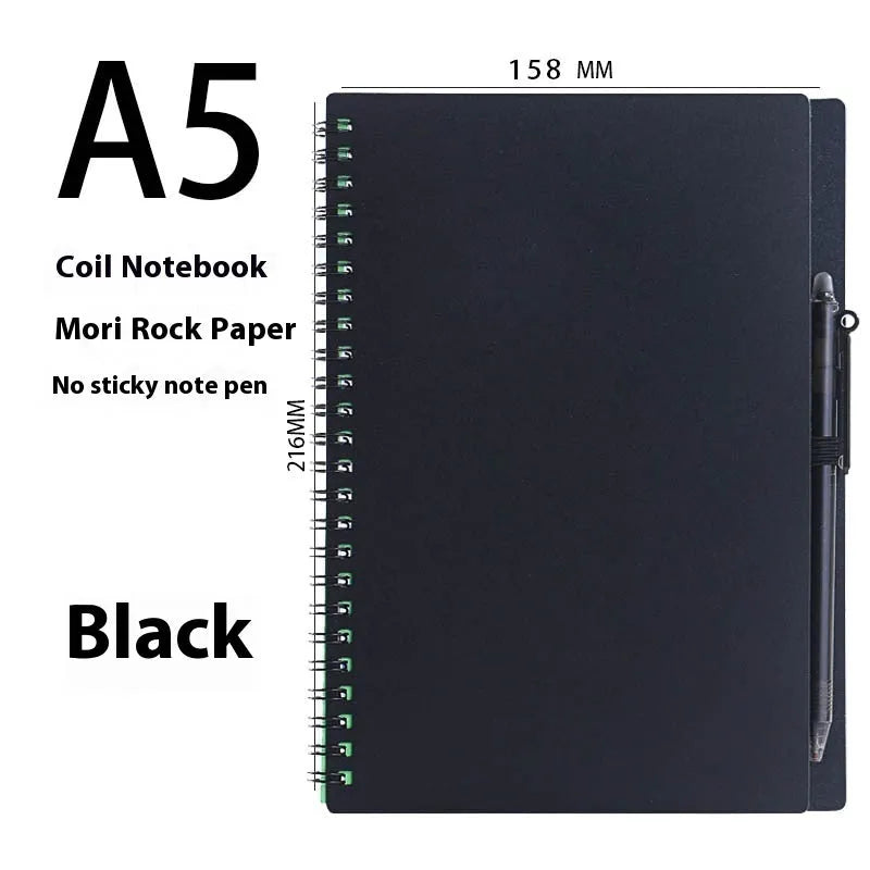 Erasable coil notebook with waterproof stone paper and erasable pen on desk