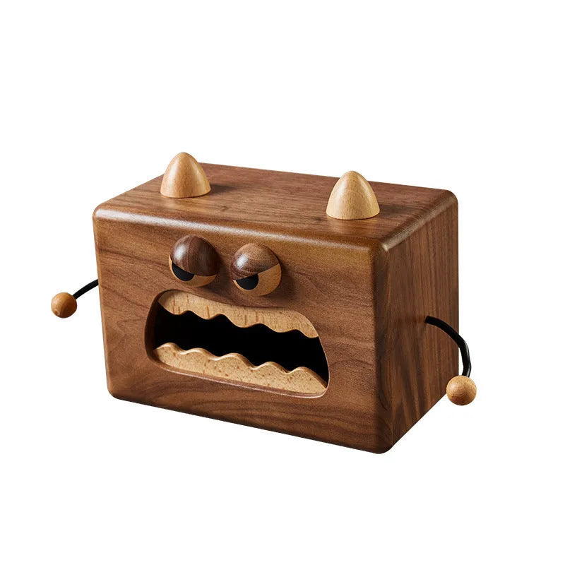 Cartoon Little Monster wooden tissue box in walnut beech colour, 190mm wide