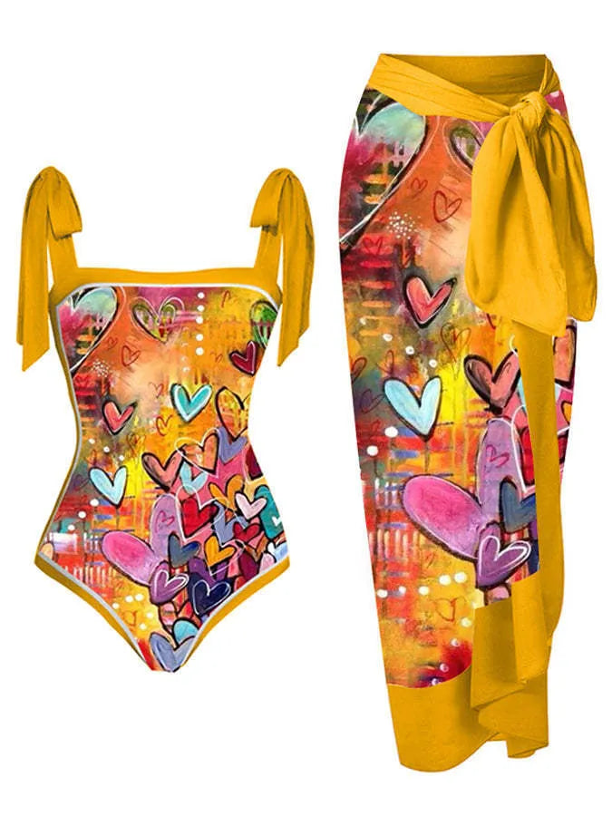 Women's printed floral swimsuit set with chiffon cover-up skirt