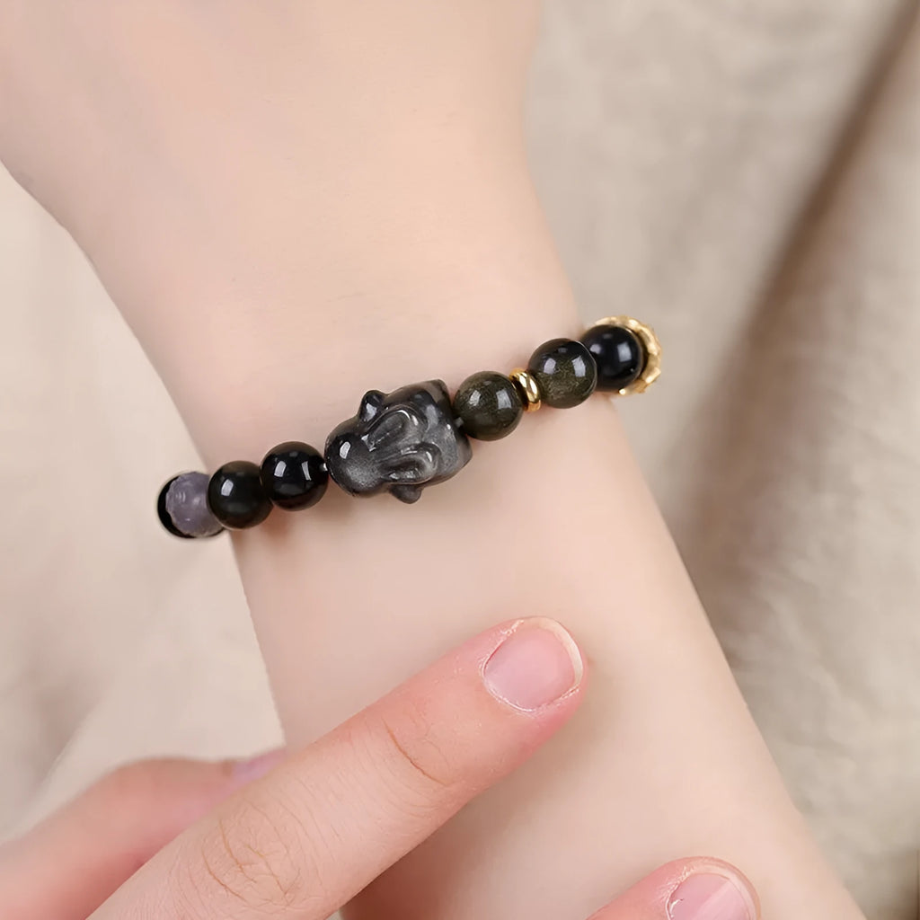 Handmade lying rabbit obsidian bracelet in national style with brass and gray agate