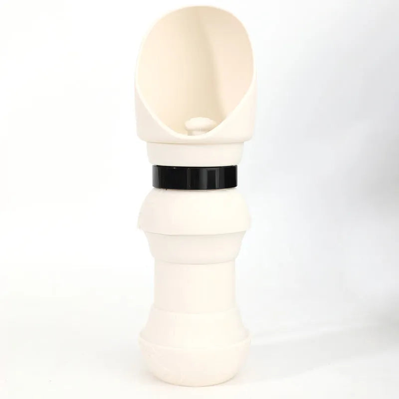 Collapsible silicone pet water cup shown in folded and open positions, available in various colours.