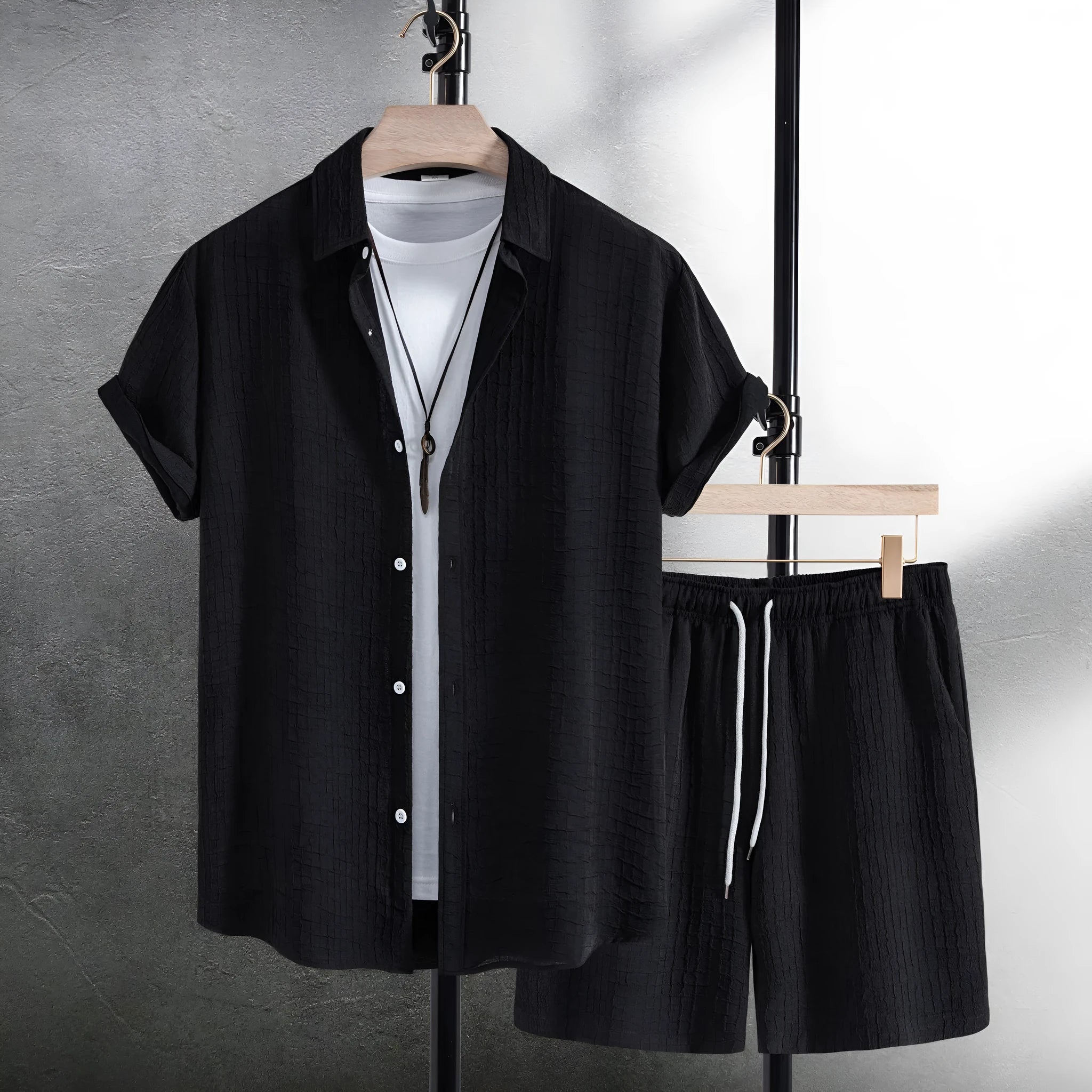 Men's casual cotton blend jacquard short sleeve shirt and matching shorts set in black or white