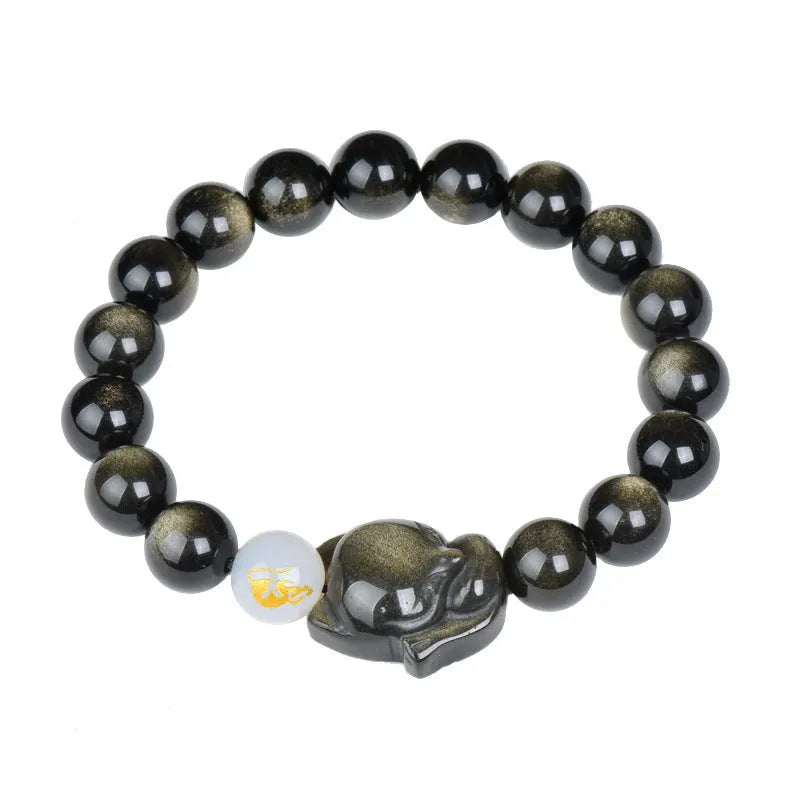 Natural obsidian zodiac bracelet with 10mm beads in gold, silver and black stone variations