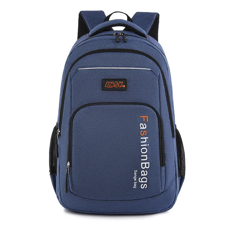 Nylon backpack in four colour options showing multiple compartments including laptop sleeve and breathable shoulder straps