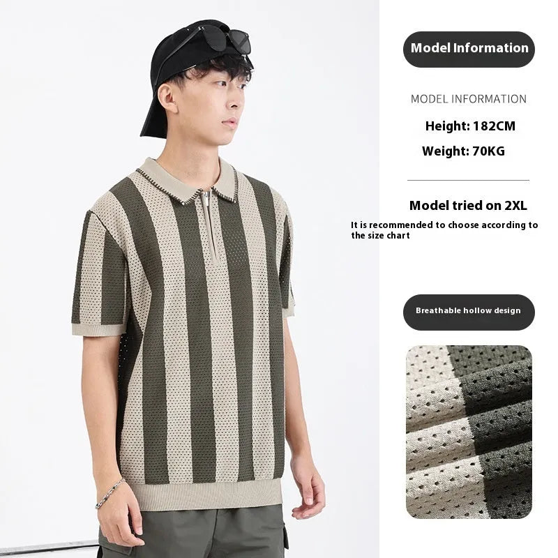 Men's short sleeve ice silk sweater with stripe pattern and zip decoration in viscose fabric