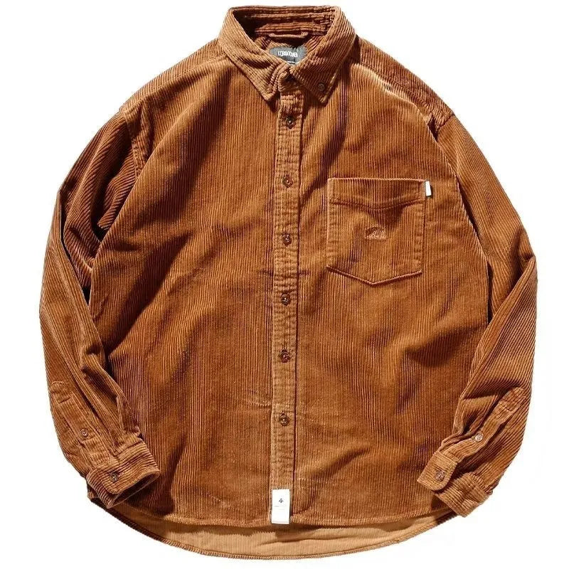 Caramel and grey corduroy loose fit shirt with long sleeves and cardigan style
