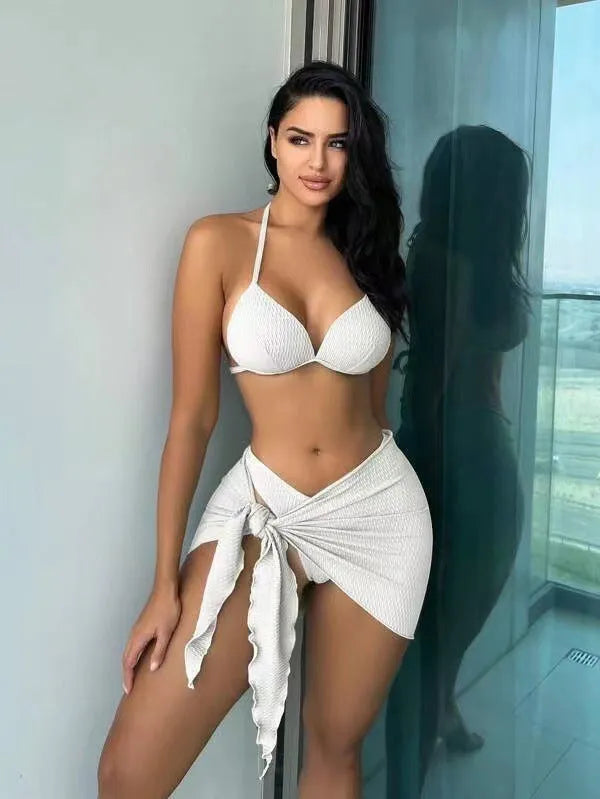 Women's three-piece swimsuit set in avocado green with Russian split design and skirt