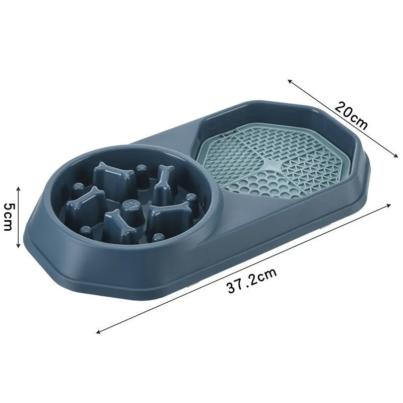 Blue interactive slow feeder dog bowl with puzzle pattern and non-slip base for small medium sized dogs