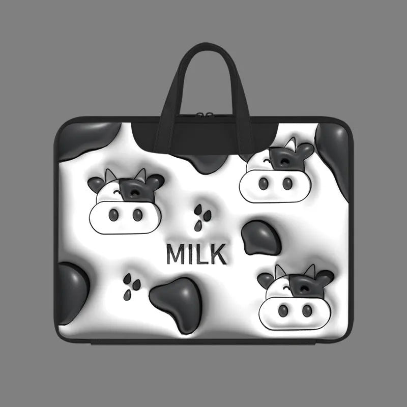 Inflatable PU leather laptop bag with suitcase hanger in cute panda print for a 15.6-inch device.