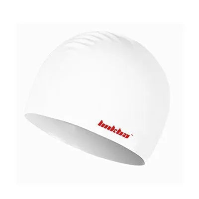 Silicone swimming cap with earmuff design and printed letters in multiple colour options