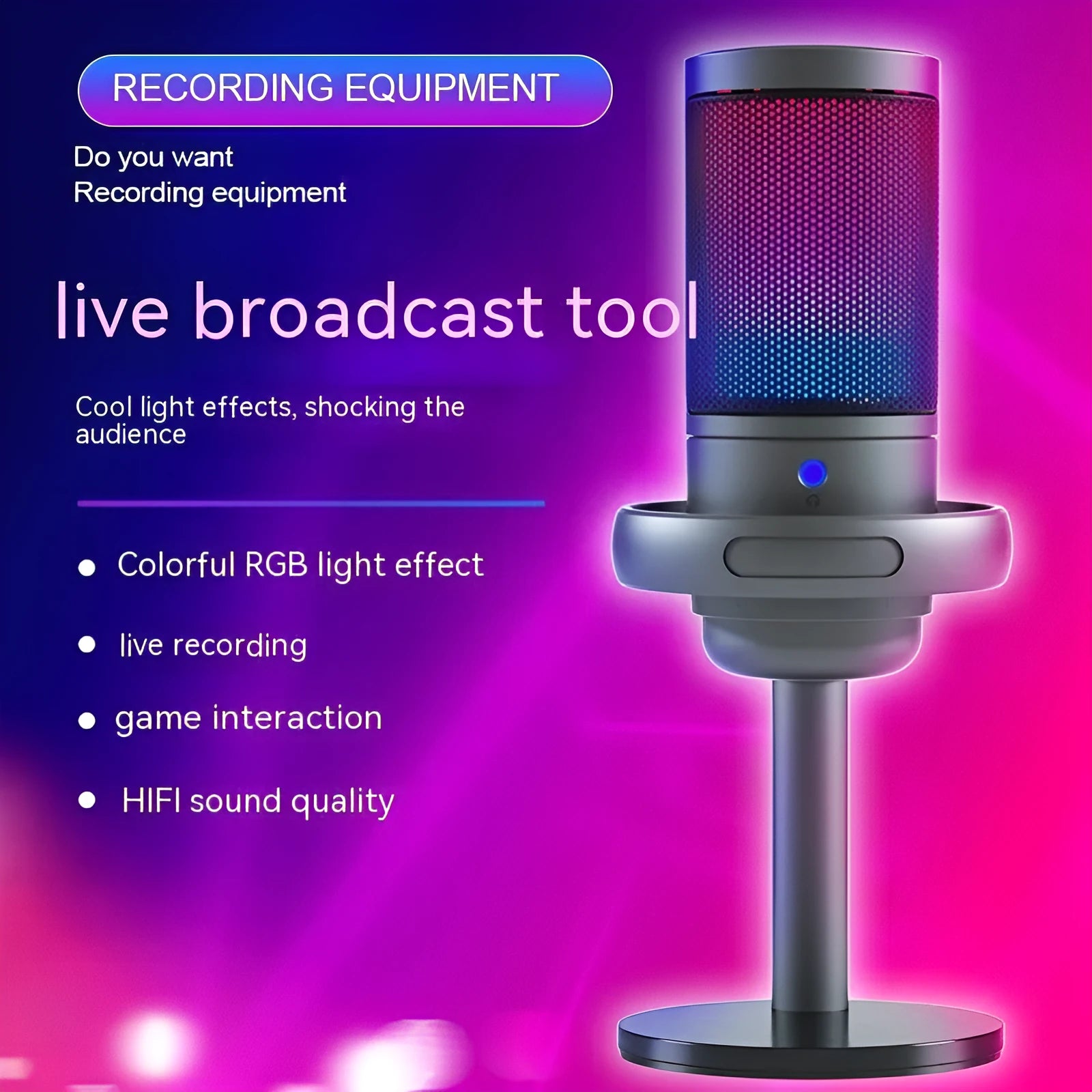 Condenser microphone body with RGB lighting and 150cm cable available in black white and pink for computer recording