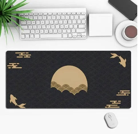 Anime pattern gaming mouse pad with non-slip rubber base on desk surface