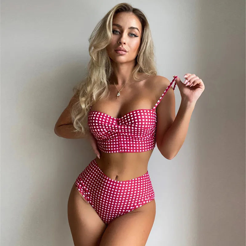 Women's plaid high-waisted bikini swimsuit in multiple colours with separate top and bottom pieces