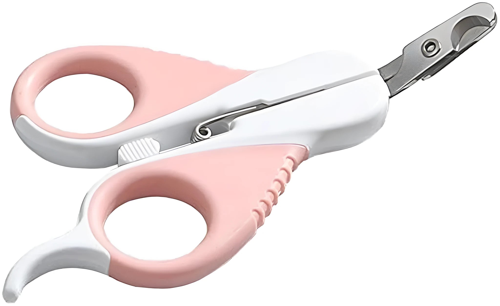 Grey and pink cat nail clippers with angled blade and safety lock for small pets