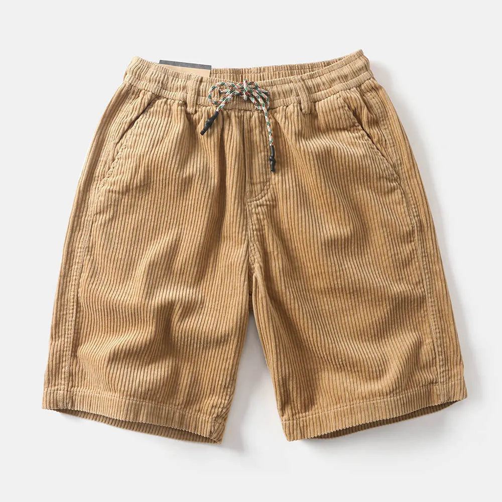Men's khaki cargo shorts with straight leg cut and retro American street style design
