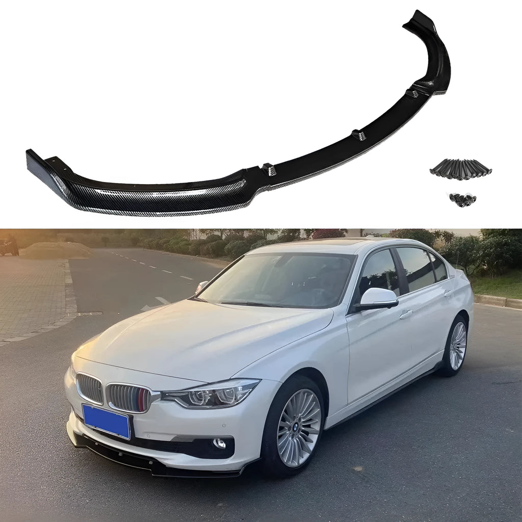 Black polypropylene front bumper lip spoiler for BMW 3 Series F30 F35 models on a car.