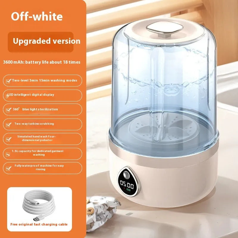 Portable white plastic mini washing machine with USB charging port and compact dimensions