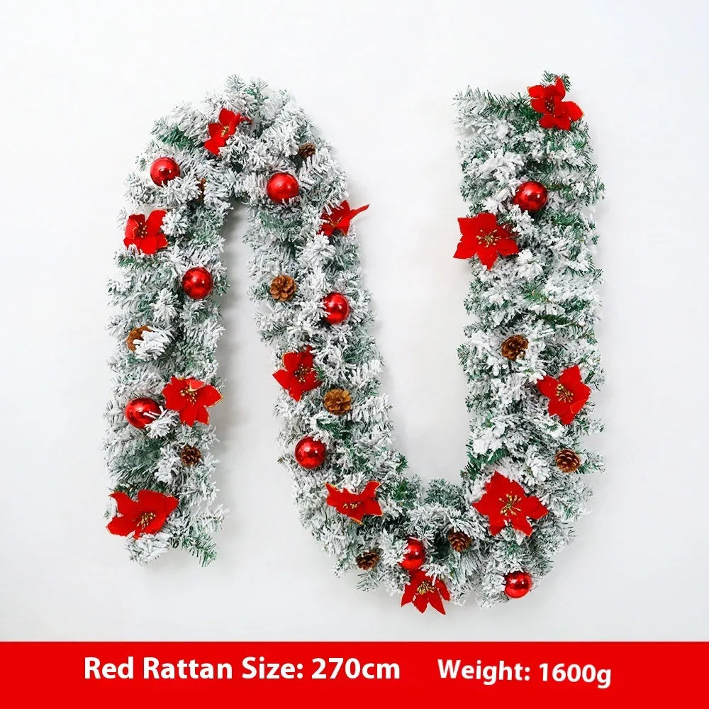 Christmas rattan garland with white flocking in a choice of five colours: golden, blue, silver, pink, and red.