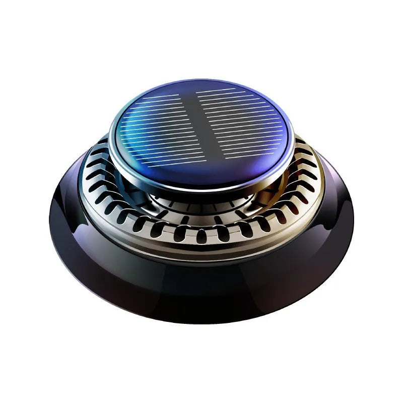 Solar kinetic car air freshener with rotating double rings on vehicle dashboard