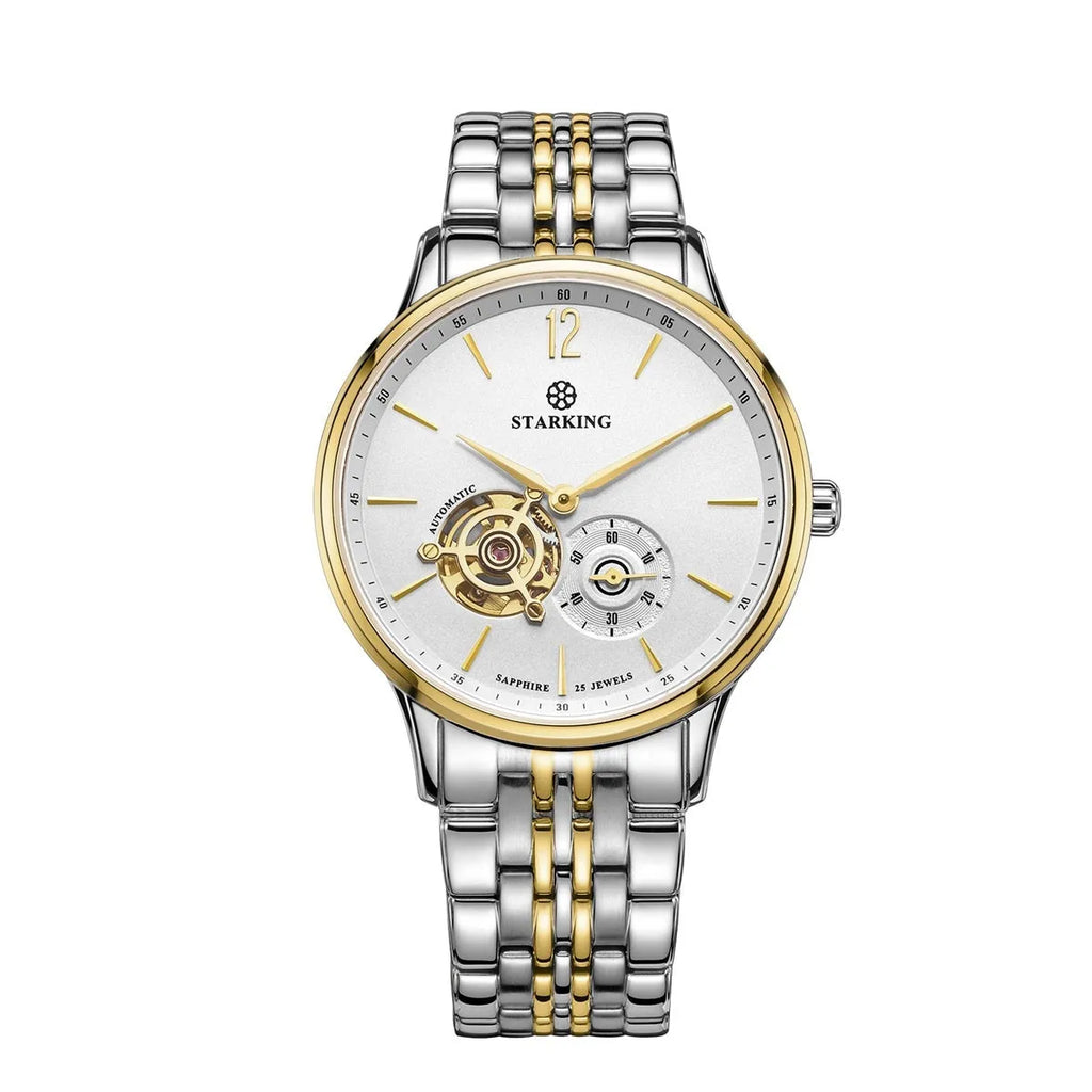 Automatic mechanical men's watch with circular dial, stainless steel case and genuine leather strap