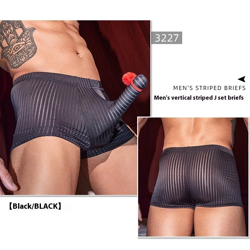 Men's black striped boxer briefs made from nylon fabric on a grey background.