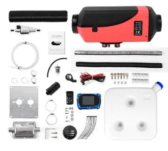 Red and black diesel air heater kit for vehicles with fuel tank and installation components.