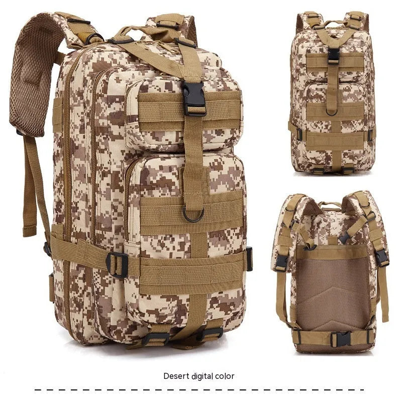 Large khaki hiking backpack with air pillow belt system for off-road mountaineering and outdoor sports