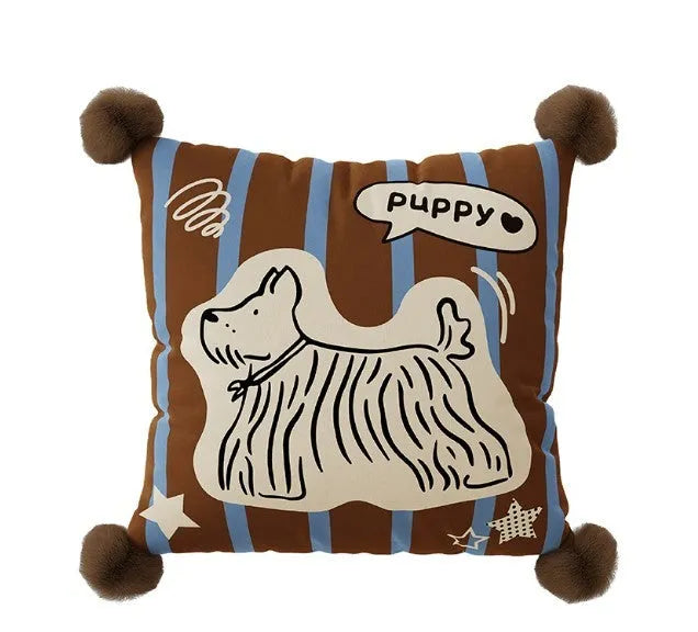 Cartoon animal print decorative cushion pillow on a sofa in blue, brown, or white.