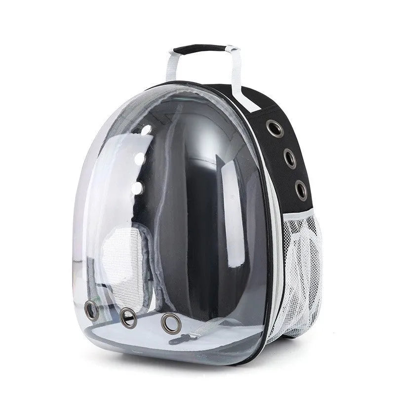 Grey astronaut-style structured cat carrier bag with a side-opening door
