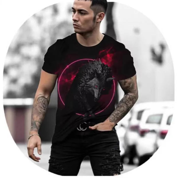 Man wearing a retro 3D animal print short-sleeved T-shirt made from lightweight polyester fabric.