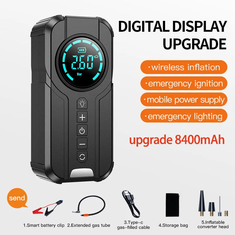 Black wireless portable car air pump with digital display, 6000mAh battery, and accessories including nozzles and power cord on a grey background.
