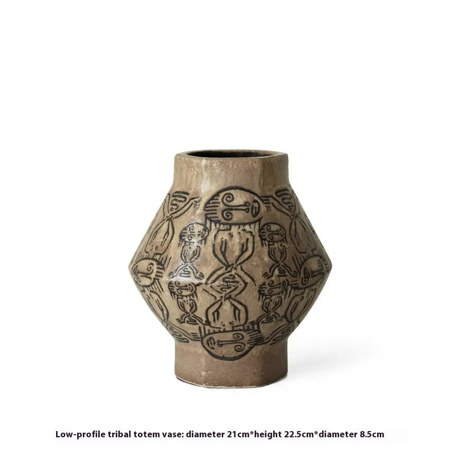 Hand-painted ceramic cylindrical vase with tribal totem flower patterns