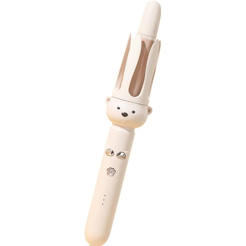 Beige automatic hair curler with rotating barrel and negative ion technology