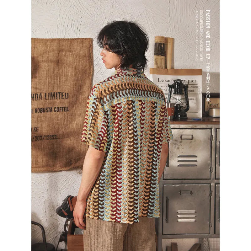 Grey plus-size Japanese-style Cuban collar short sleeve shirt with hollow jacquard texture.