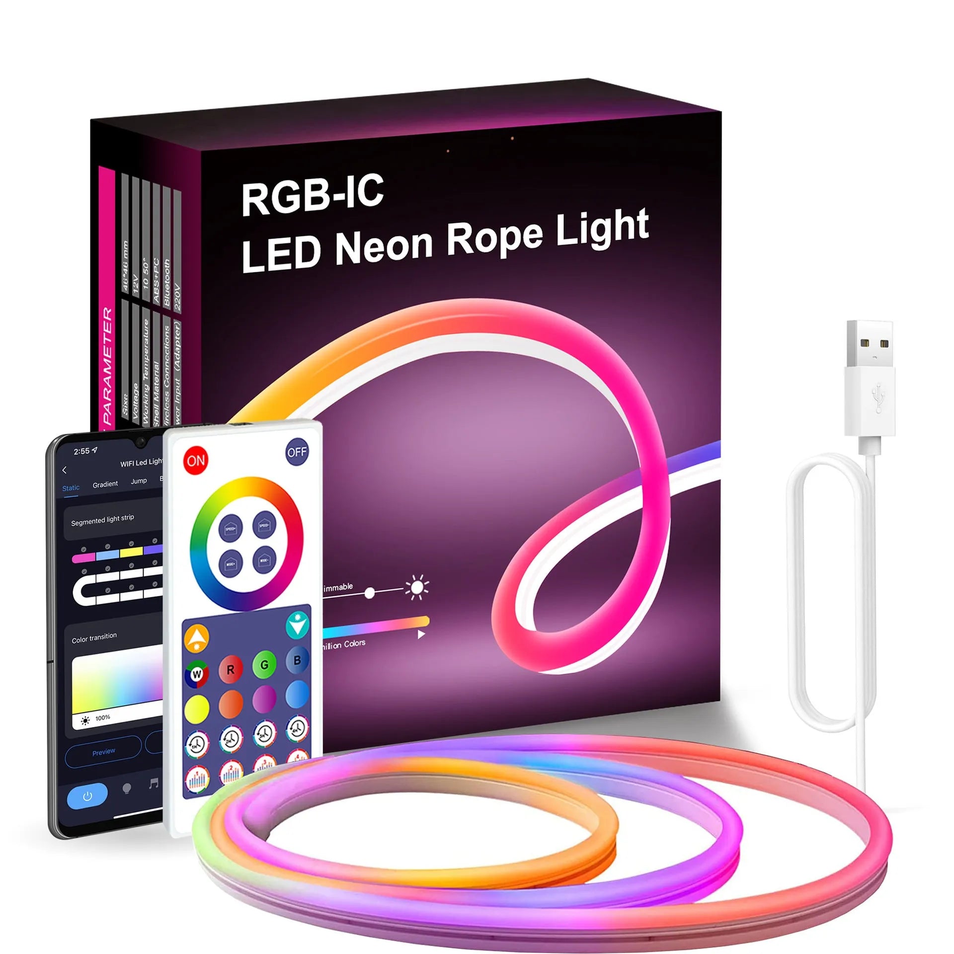 3 metre long RGB neon light strip showing colour-changing LEDs with remote control